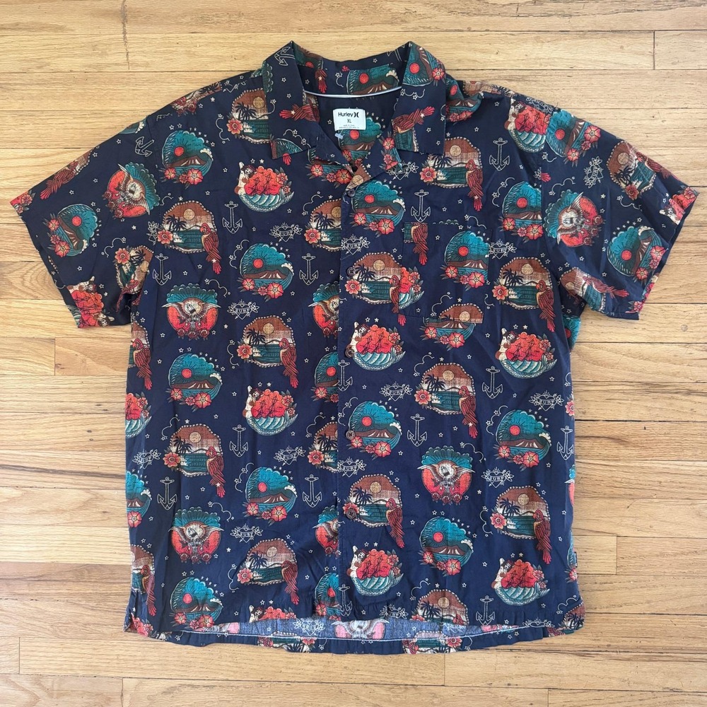 Hurley Mens XL Navy Blue Nautical Tattoo Print Short Sleeve Button Down Shirt - Picture 1 of 6